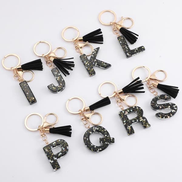 Sort Glitter Stjerne Pailletter Harpiks 26 Bogstaver Nøglering Initialer A G