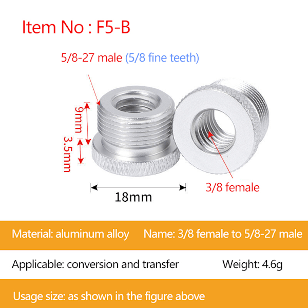 Mikrofonitelineen muunnosruuvit 3/8 naarasruuvit 5/8 urosruuviksi Silver