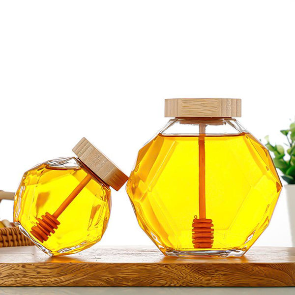 Honungsburk Hexagonal Glas Honungsflaska Med Träomrörare 250g