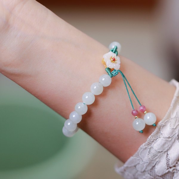 Jade runde perler Small Peach Blossom Strikket Armbånd Flower Be 1pcs