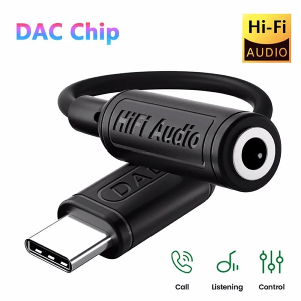 USB C til 3,5 mm Aux Adapter HiFi Sound Type C 3,5 Jack-øretelefon black