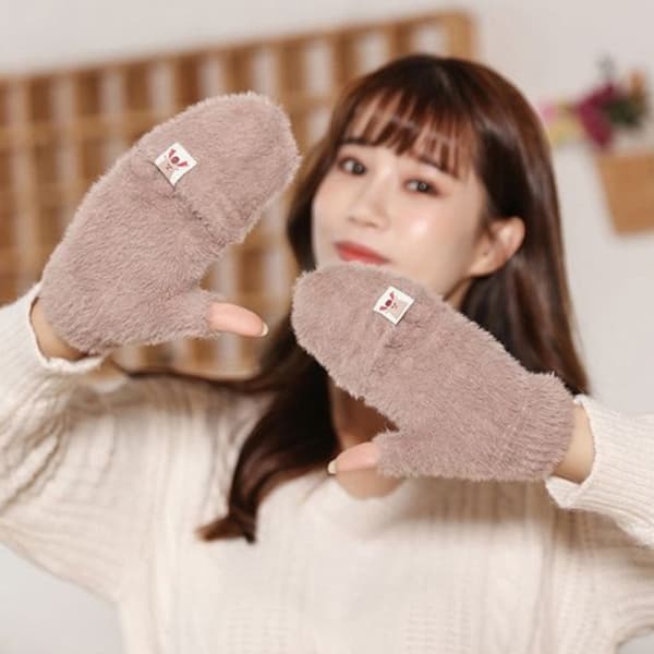 Vinter Kvinder Halvfinger Flip-top Handsker Student e Girl Cartoon Pink