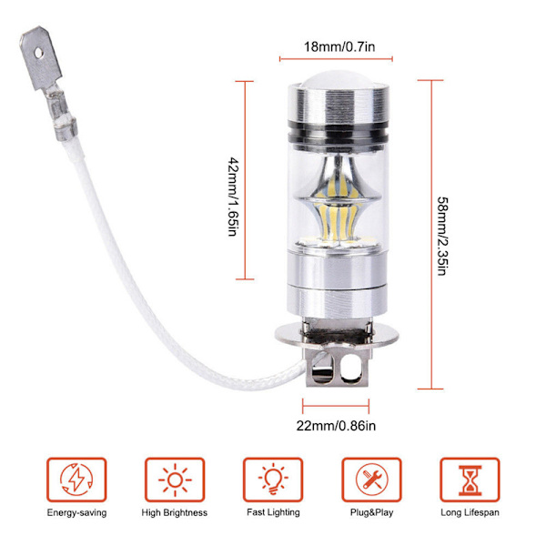 2 STK 100W Hvit LED H3 High Power 2828 biltåkelyspære