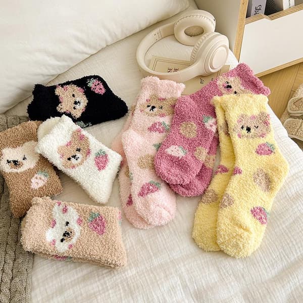 Mode Korallfleece Damsockor Varma Hemmagolvstrumpor Tecknade White