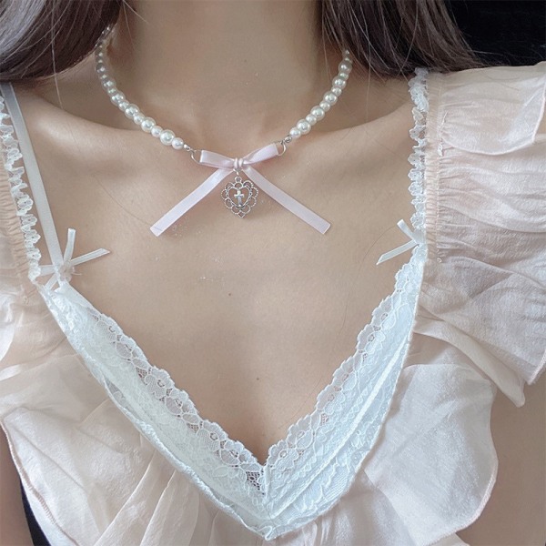 Trend fest smykker perle sløjfe vedhæng Choker halskæde til kvinder 02