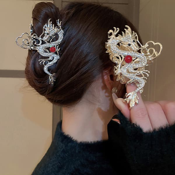 Style Dragon Shape Hårklemme Mode Rød Perlelegering Rhinestone A4