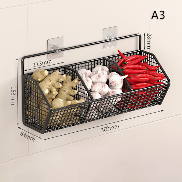 Seinään kiinnitettävä säilytysteline sipulille, inkiväärille ja valkosipulille keittiöön A3