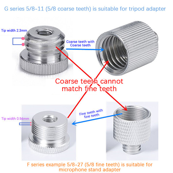 Mikrofonstativ konverteringsskruer 1/4" til 5/8" Gevindskrue Mo Silver