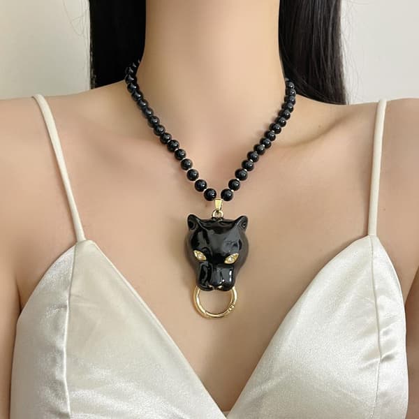 Överdriven Retro Emalj Leopard Hänge Halsband Lång Pärlad C A4