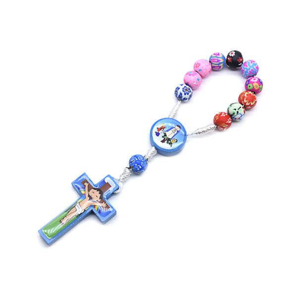 Färgglada tecknade barn pärlor kors rosenkransen armband katolska heliga Blue