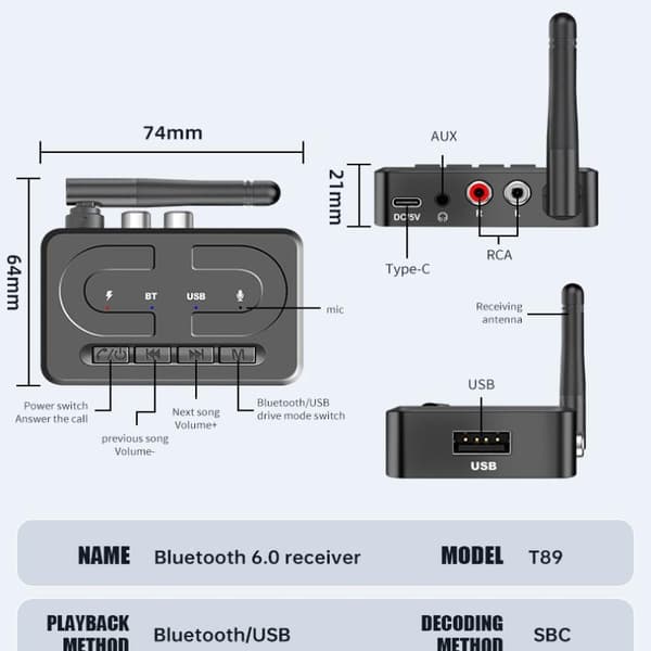 Bluetooth 6.0-mottaker 3,5 mm AUX RCA med mikrofon HIFI Stereo Trådløs
