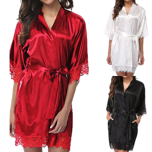 Kvinner blonder lang brud kimono kappe sateng silke nattdressing Red S