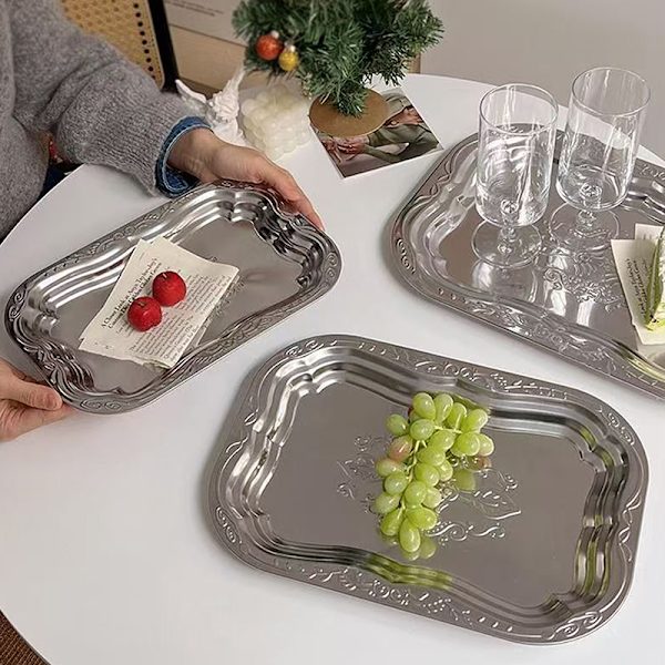 Rektangulær bakke i rustfrit stål med præget design opbevaring D S