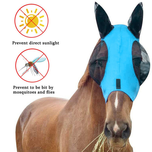 Anti-Fly Mesh Equine Mask Hästmask Stretch Bug Eye Hästfluga Blue