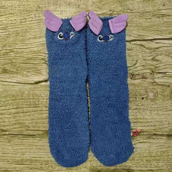 e Tecknad Stitch Termiska Strumpor Korallfleece Halkfria Golvstrumpor Pink
