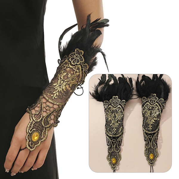 Natural Feather Gold Lace Lange hansker Kvinner Party Sexy Fingerle Blue