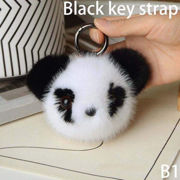 e Lille panda hoved imiteret mink hår bil nøglering vedhæng B1