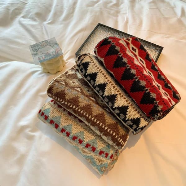 Vinter Jacquard Strikket Skjerf for Kvinner Retro Tykkere Varm Ull A4