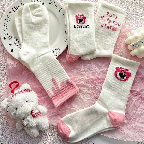 Pink Bear Cartoon og Sweet College Style Høst Vinterstrømper R