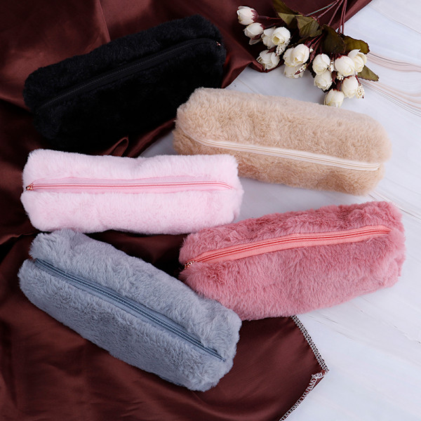 1X Jente e Plysj Fuzz Plysj Blyantveske Sminkepung Myntpung Pink