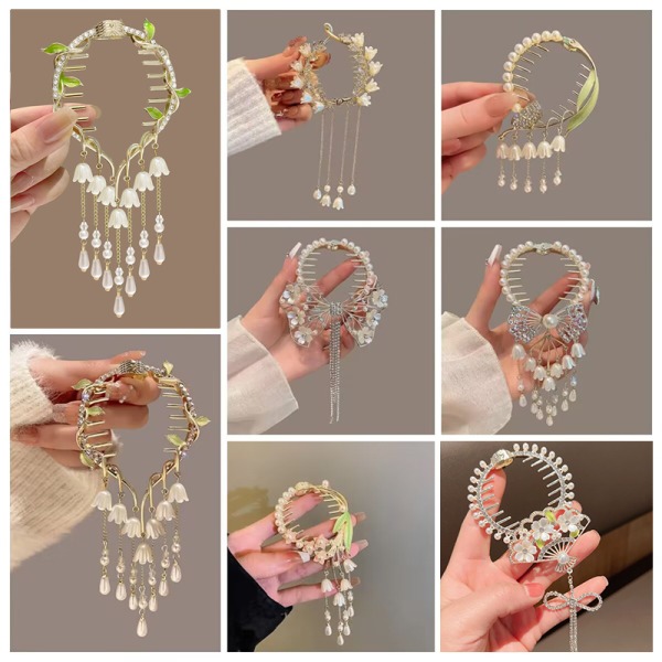 Elegant Flower Pearl Rhinestone Tassel Pill Head Hestehalespænde A8