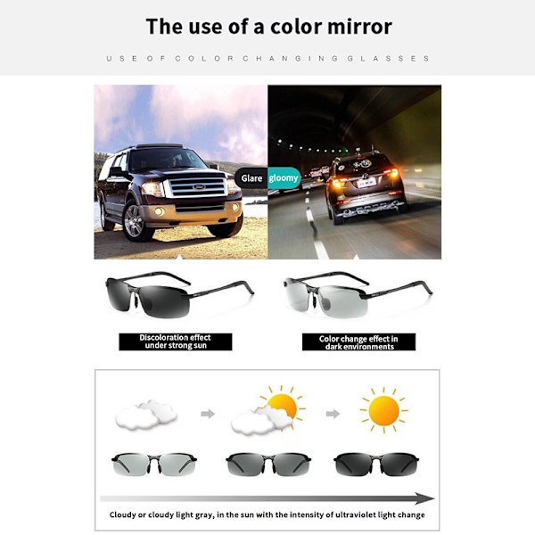 Polarisoidut aurinkolasit Miesten Photochromism Square Sun Glasses Out A