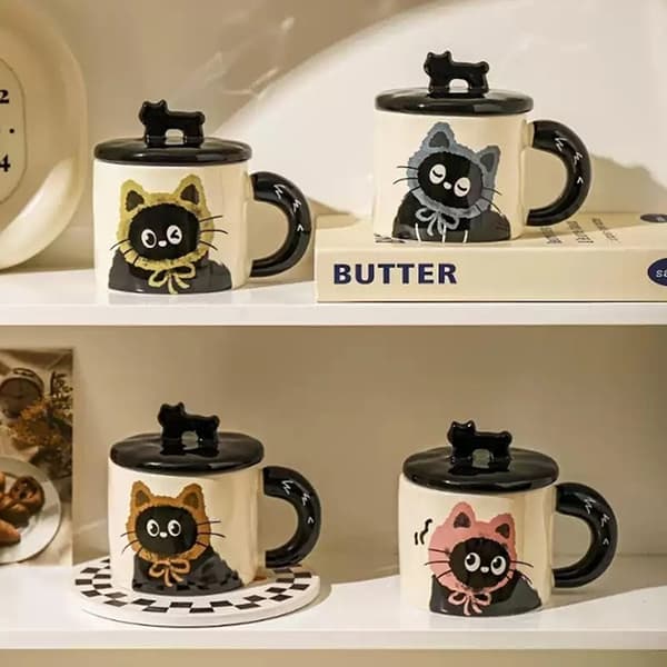 e Katt Keramisk Mugg Med Lock Kaffekopp Drickskopp Kontorspresent 002