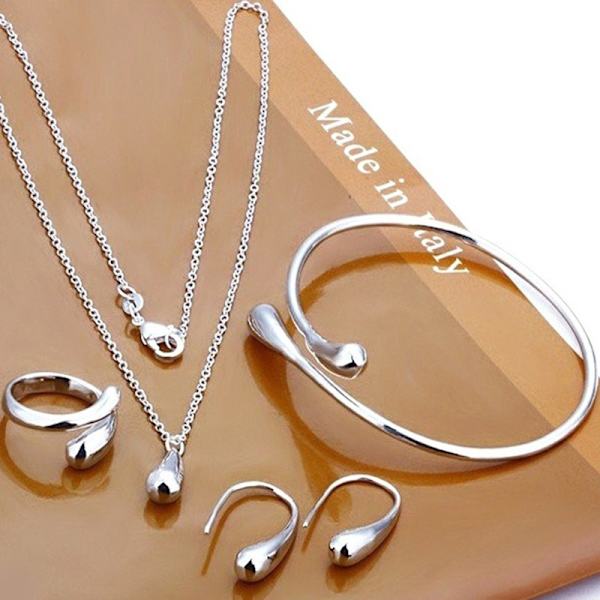 4 stk Fashion Teardrop smykkesæt til kvinder ring halskæde brace Silver