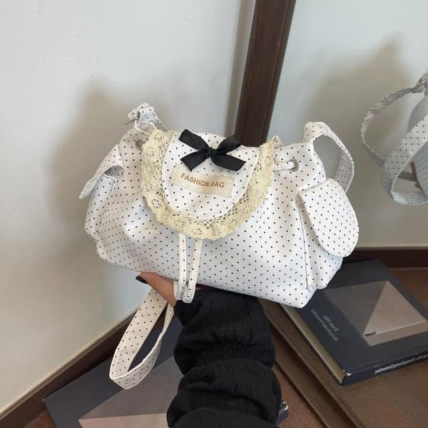 e Polkadot Polyester Skulderveske med Blonder og Sløyfe A2