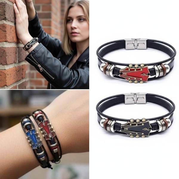 Retro PU-läder gitarrarmband Punk Rock Musik Gitarr Handgjort Red