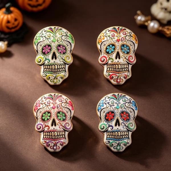 Färgglada blommor Sugar Skull Brosch Glittrande Strassdetaljer A3