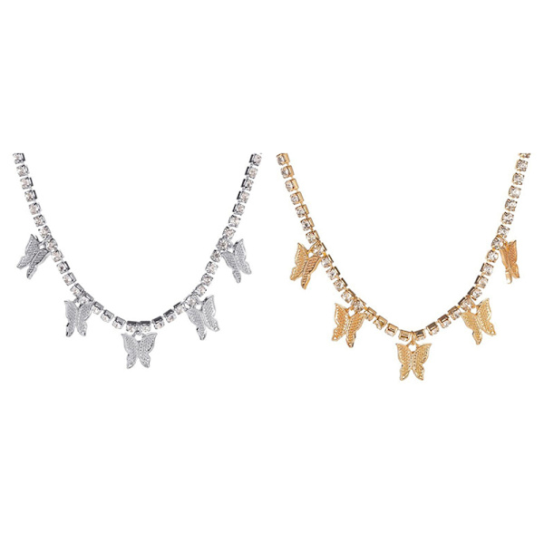 Kvinner mote Rhinestone Butterfly anheng Halskjede Retro gull Silver