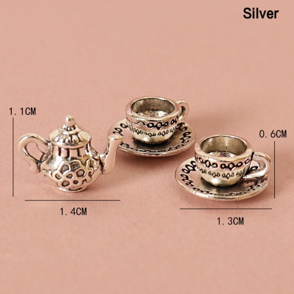 1 sett 1:12 Dukkehus Miniatyr tekanne kopp og tallerkenbord Mod Silver