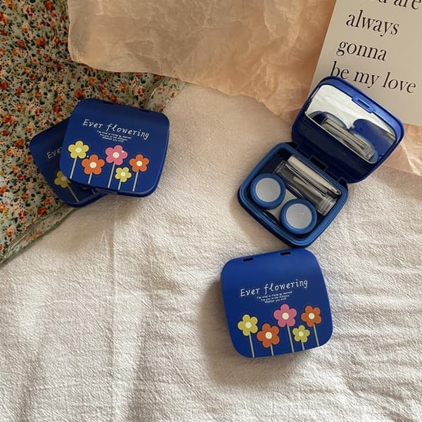 n Kvinnor Blommig Kontaktlinsfodral Bärbart Reseset Med Spegel Dark blue