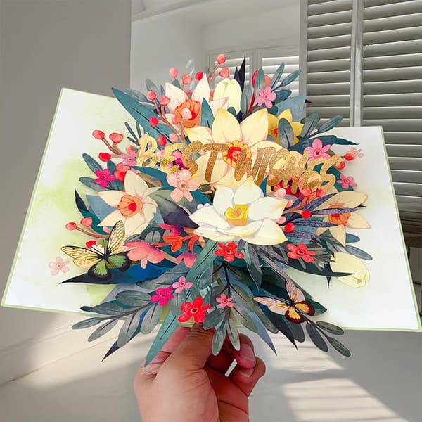3D Fold Ud Sommerfugl Blomst Lykønskningskort Håndlavede Farvekort A18