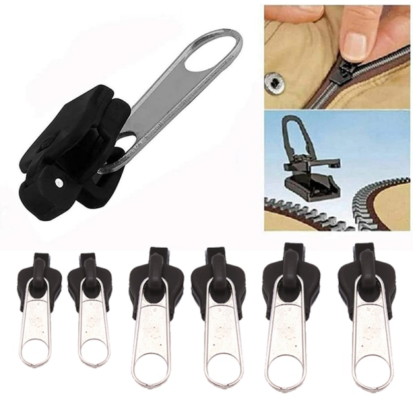 6 stk Instant Zipper Universal Instant Fix Lynlås Reparation Black