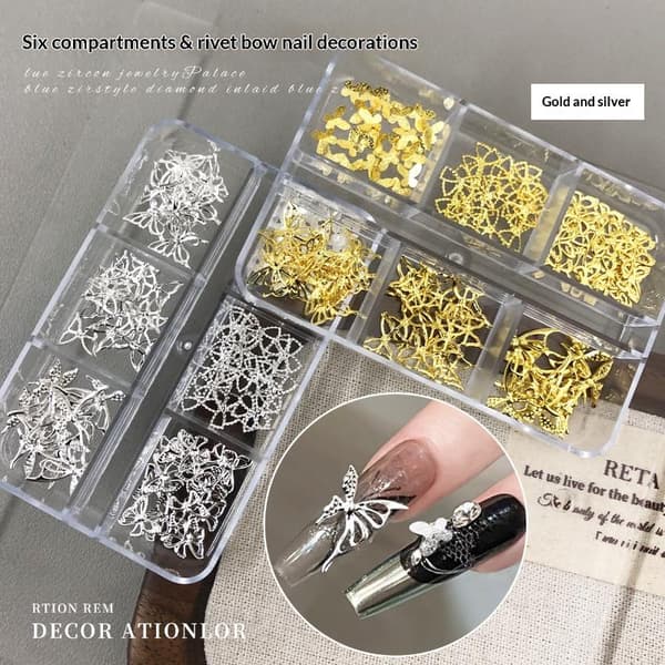 6 Gitre Metal Sløjfe Udhulet Neglekunst Charm Guld Sølv 3D Negl Silver