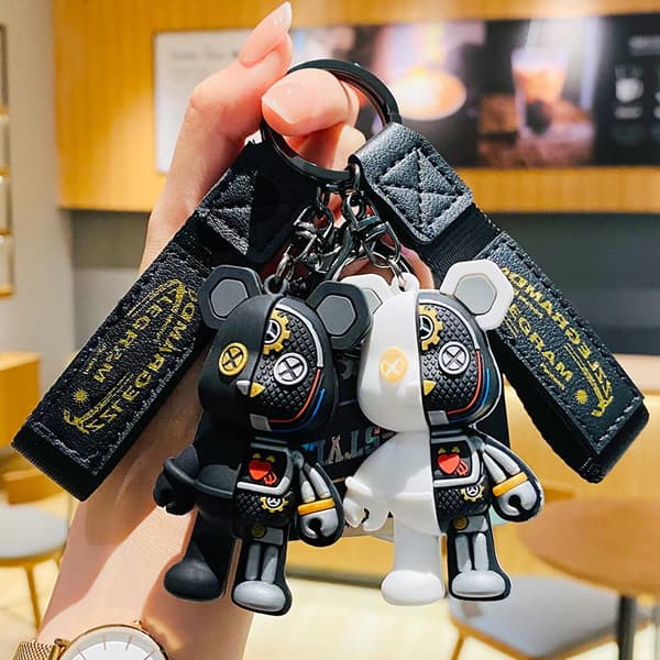 Robot Mekanisk Bear Nyckelring Läder Nyckelring för män kvinnor Black