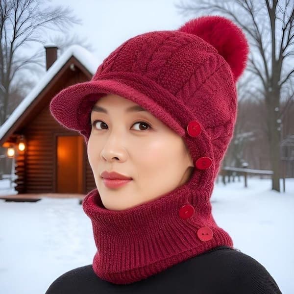 Dame Tykk Varm Strikket Pullover Lue Vinter Ensfarget Pink