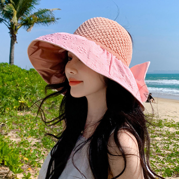 Reisehatt Sløyfedekor Damelue Sammenleggbar solhatt strandhatt Pink
