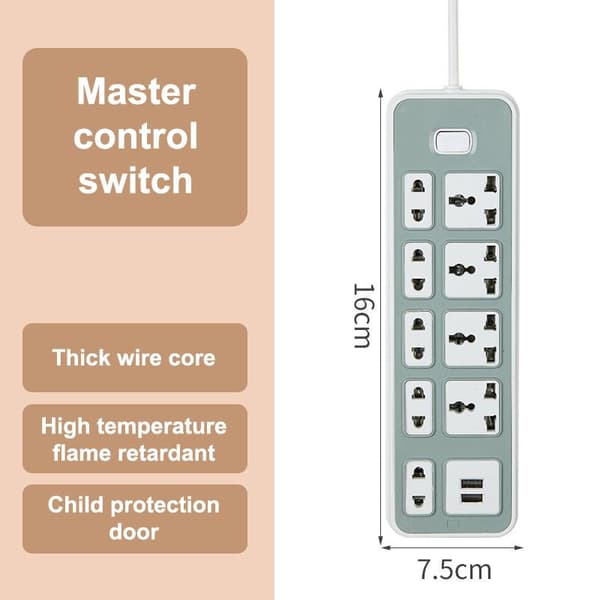 Multifunksjonell stikkontakt Slitesterk 2/3/5/6/8M USB-lader med USB A1