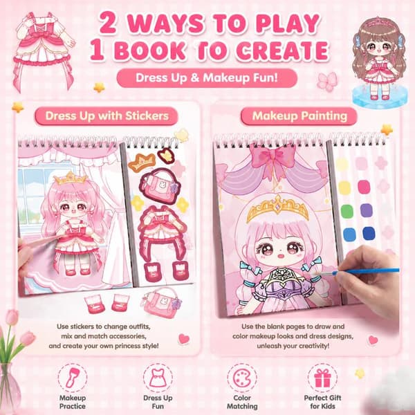 Prinsesse Udklædnings Stickerbog Med Farvelægning, Makeup Og Gratis Pensel B