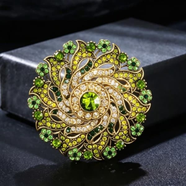 Antikk Bronse Brosje Glitrende Grønn Rhinestone Blomsterdesign A2