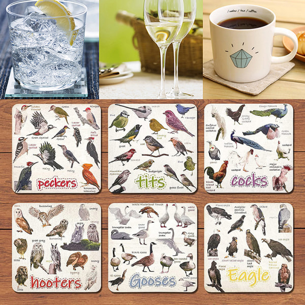 Sett med 6 Bird Pun Coasters 1