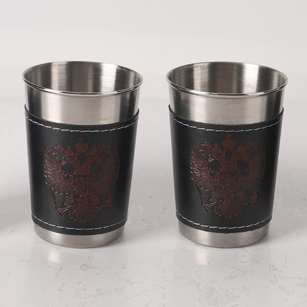 4 stk/sett reisekopper i rustfritt stål med lær til kaffe og vin 70ML