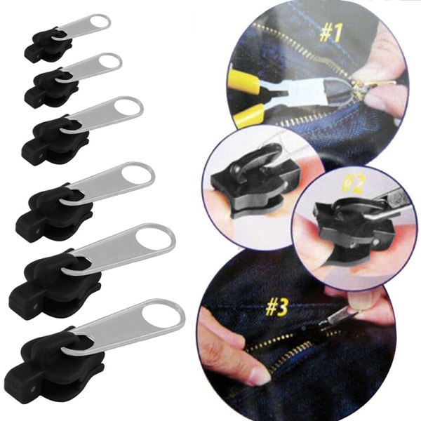 6 stk Instant Zipper Universal Instant Fix Zipper Repair Black