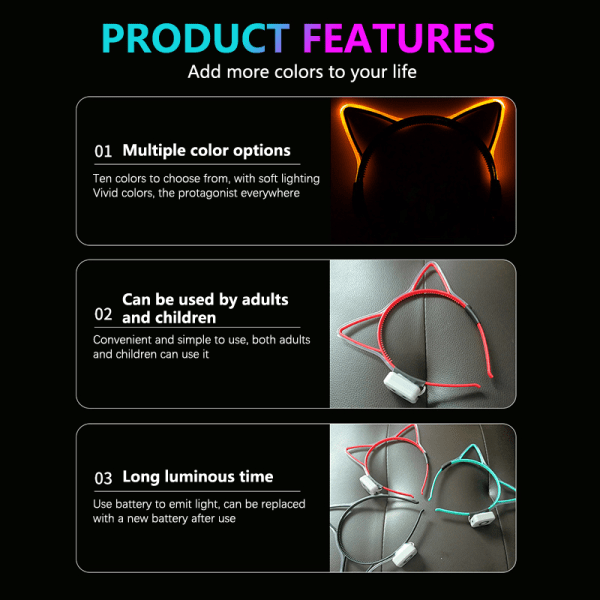 Lysende katteører LED-hårbånd Cosplay-rekvisita Glødende fargef A2