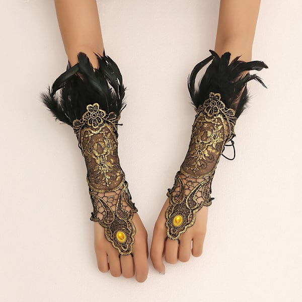 Natural Feather Gold Lace Lange hansker Kvinner Party Sexy Fingerle Rose red