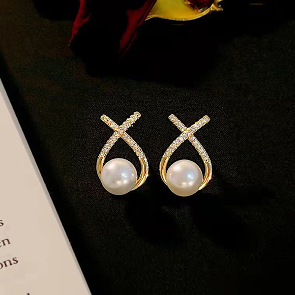 1 par kvinder retro perle øreringe Simple Letter X indlagt diamant
