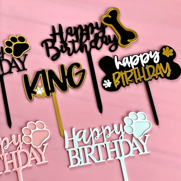 Dobbelt akryl tillykke med fødselsdagen kage topper til hundefødselsdag E